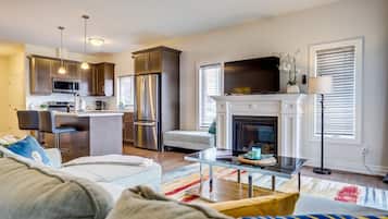 53-inch flat-screen TV with digital channels, TV, fireplace