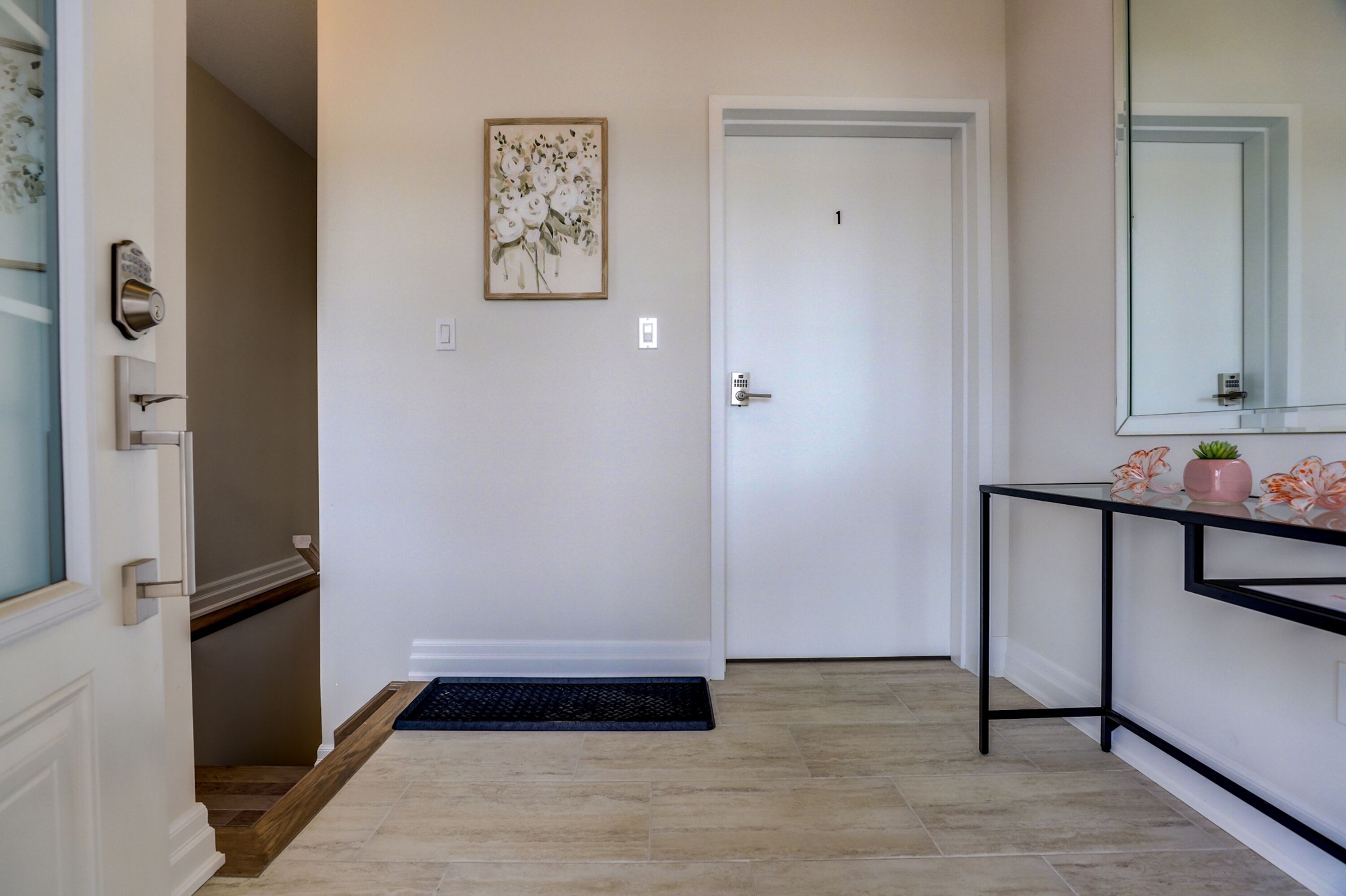 A hallway with a door, a doormat, a wall-mounted picture, and a console table with a plant.