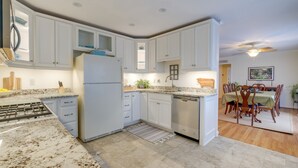 A modern kitchen with white cabinets, a built-in stove, and a dishwasher.