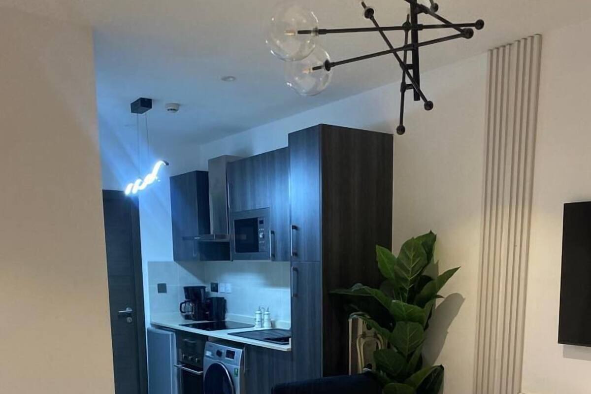 Un dormitorio moderno con una cama grande, una zona de estar pequeña y una kitchenette al fondo.