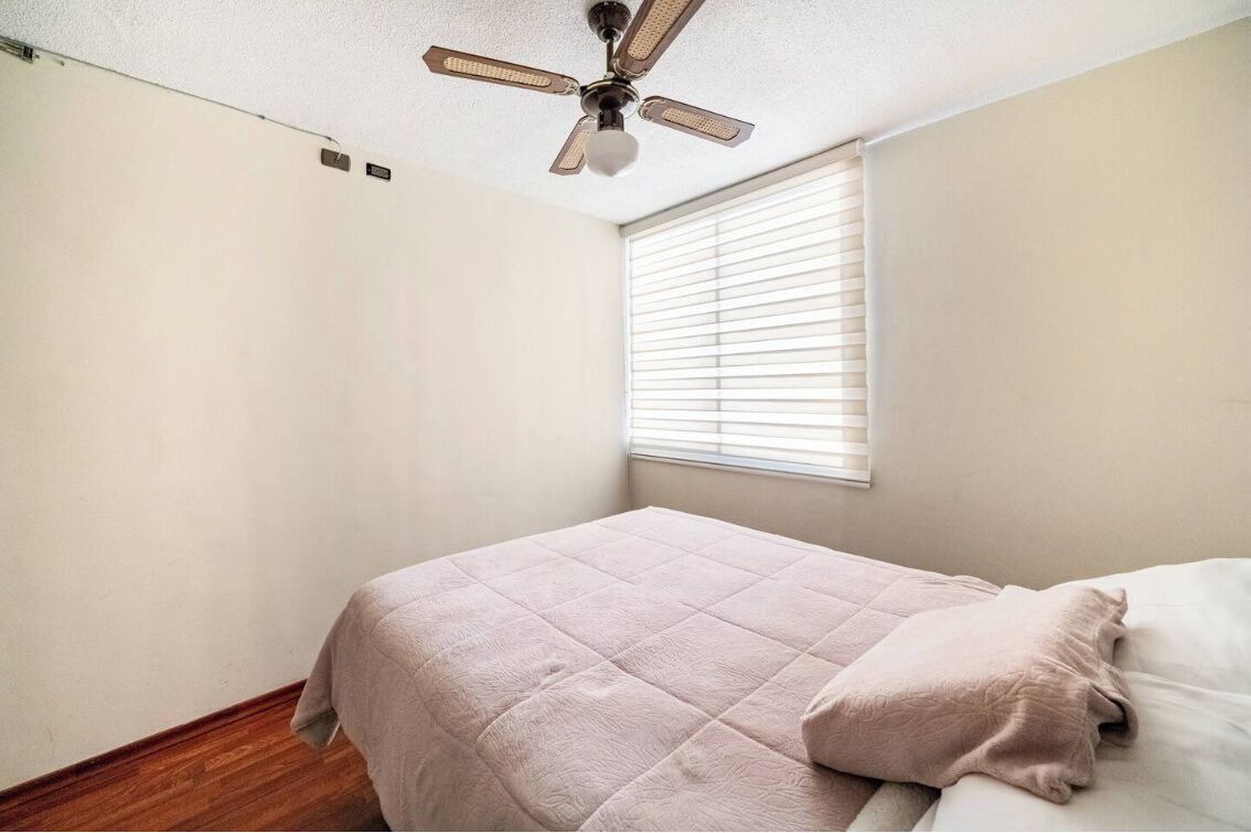 A bedroom with a bed, a ceiling fan, and a window with blinds.