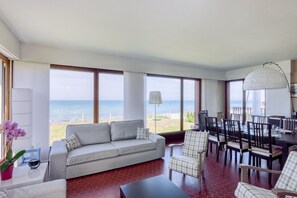 TV, fireplace, books