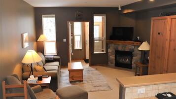 TV connectée, cheminée, livres