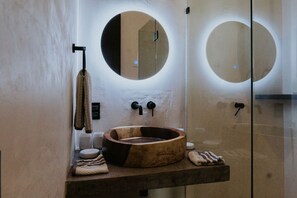 Shower, rainfall showerhead, towels, soap
