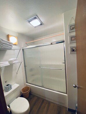 Hair dryer, towels, soap