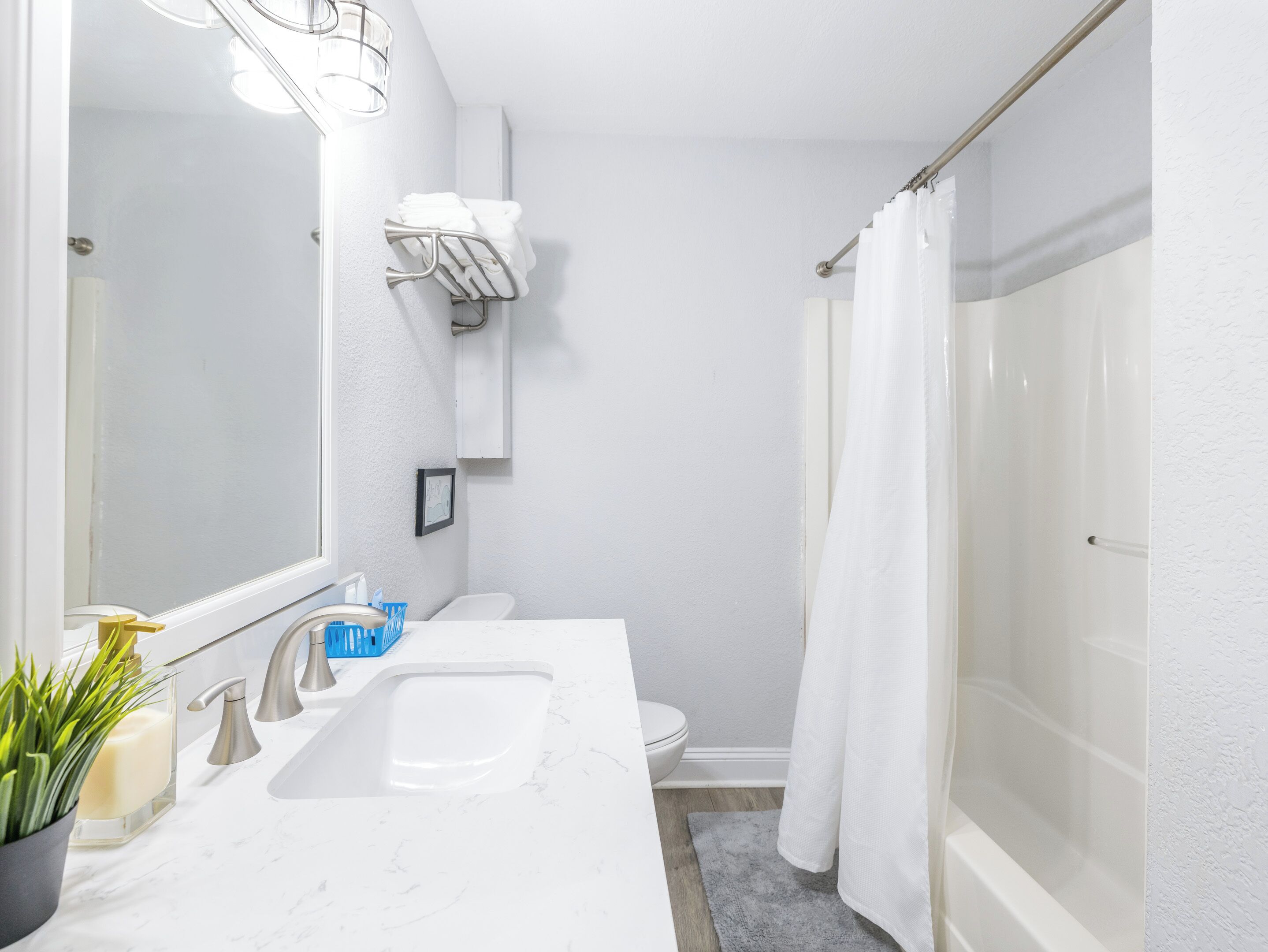 Hair dryer, towels, soap, shampoo