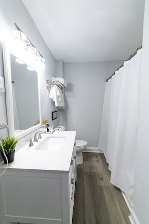 Hair dryer, towels, soap, shampoo