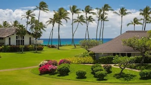 Un resort con césped cuidado, palmeras y vista al océano.