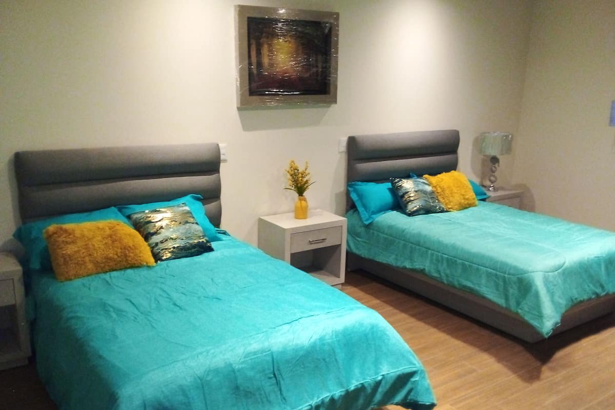 Two twin beds with teal bedding, grey headboards, and decorative pillows.