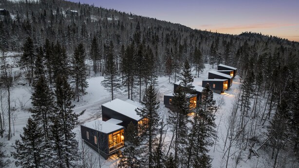 A row of modern cabins in a snowy forest. - Scandinavian Chalet with Sauna in Lutsen - Blue (Lutsen)