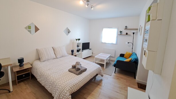 A modern bedroom with a large bed, a desk, a chair, a small table, a sofa, and a TV. - Studio Calme Brest Hyper Centre (Brest)