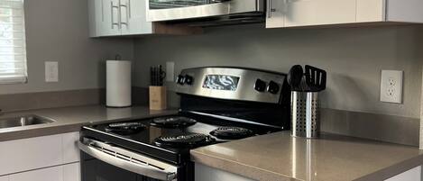 Frigorífico, microondas, horno y placa de cocina