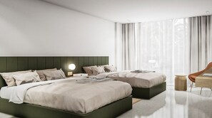 A modern bedroom with two beds, a nightstand, a chair, and a large window with curtains. - Orlando Vitality Hotel (Orlando)