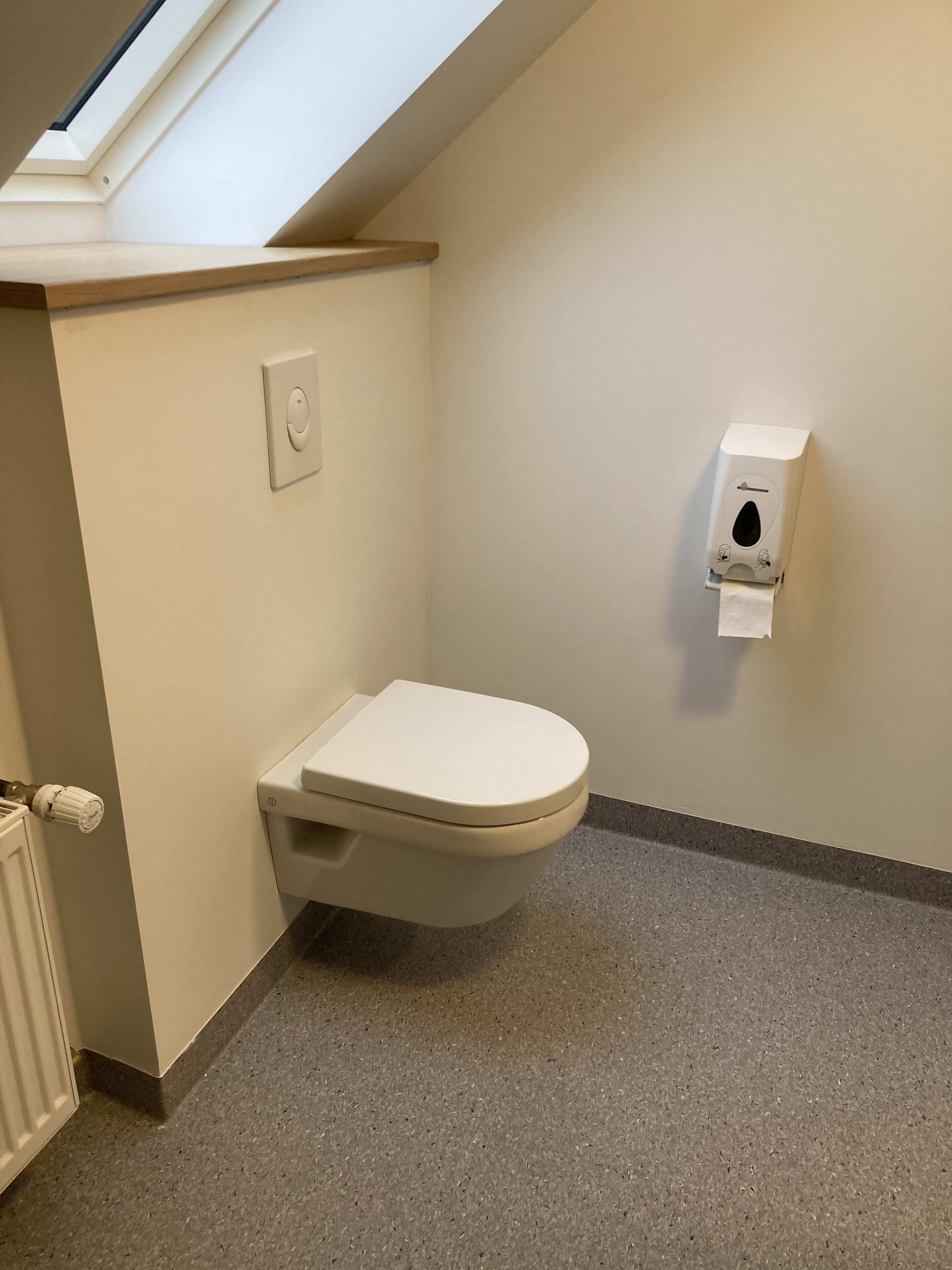 Un baño pequeño y moderno con inodoro, secador de manos y radiador.
