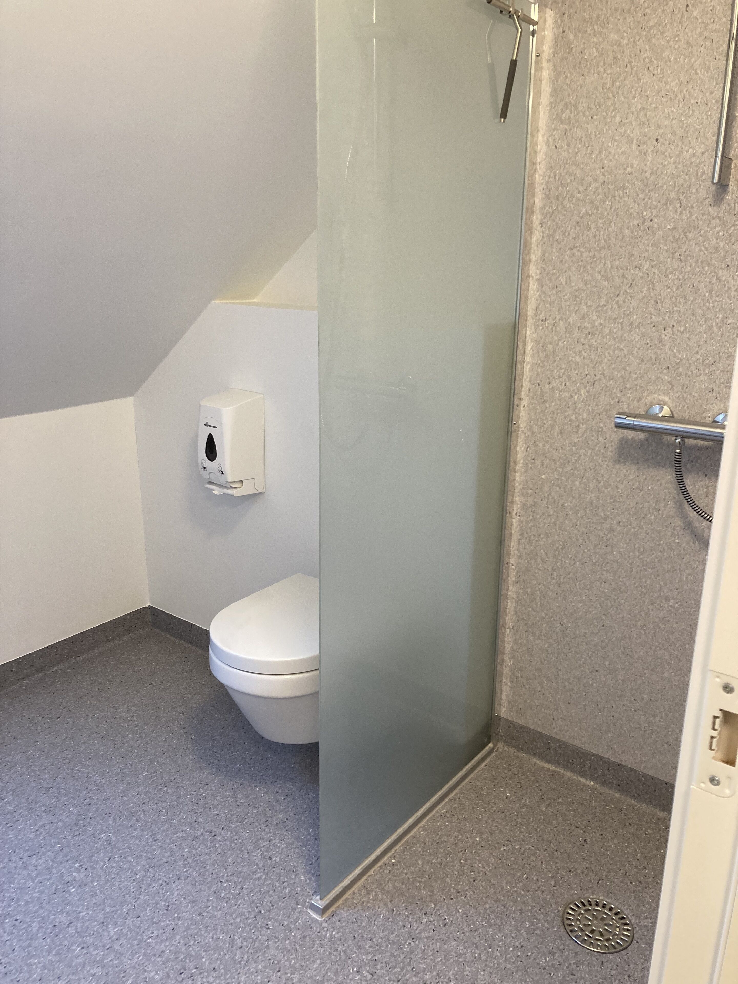Un baño con inodoro, dispensador de jabón, ducha con puerta de vidrio y barra de apoyo metálica.