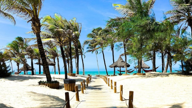 A wooden pathway leading to a beach with palm trees and thatched-roof structures. - Incrível Resort VG Sun (Caucaia)