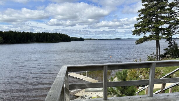 Una terraza de madera con vistas a un lago y un bosque.