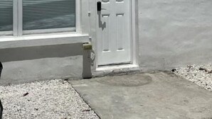 Un edificio blanco con una ventana cerrada y una puerta.