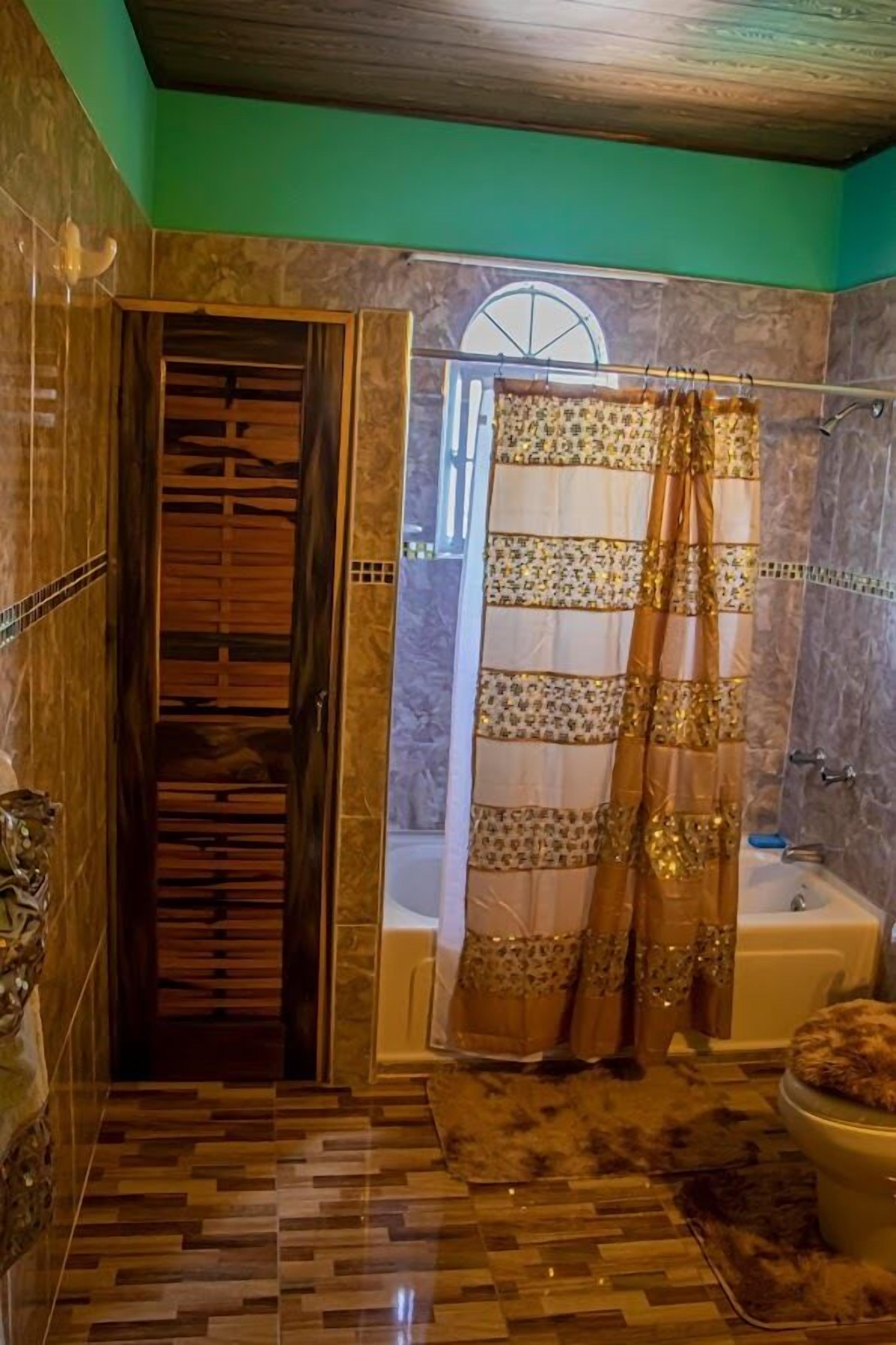 A bathroom with a wooden door, a shower with a patterned curtain, and a bathtub.