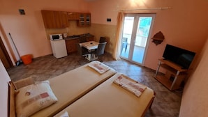 Een compacte kamer met twee bedden, een kitchenette, een eethoek en een televisie.