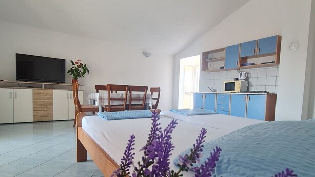 A bedroom with a bed, a TV, a desk, and a kitchenette.
