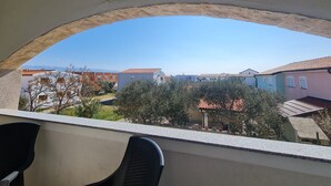 A balcony with a view of a residential area, including houses and trees.