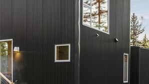 A modern black building with a fire pit and outdoor seating. - Scandinavian Chalet with Sauna Lutsen - Green (Lutsen)