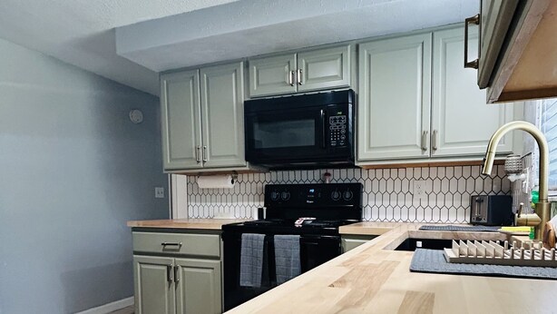A kitchen with light green cabinets, a black microwave, and a wooden countertop. - House near Tarpon Springs Beaches and Weeki Wachee Springs (Holiday)