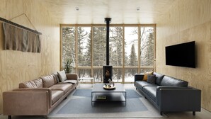 A modern living room with a large window, a fireplace, and two sofas. - Scandinavian Chalet and sauna in Lutsen - Grey (Lutsen)