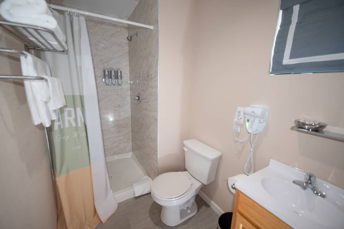 basic room, 1 queen bed | bathroom | hair dryer, bathrobes, towels, soap