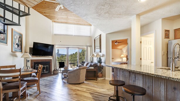 A spacious living area with a fireplace, a television, and a bar area with stools.