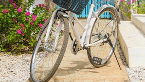 Una bicicleta estacionada en un jardín con un muro de piedra y una cerca azul al fondo.