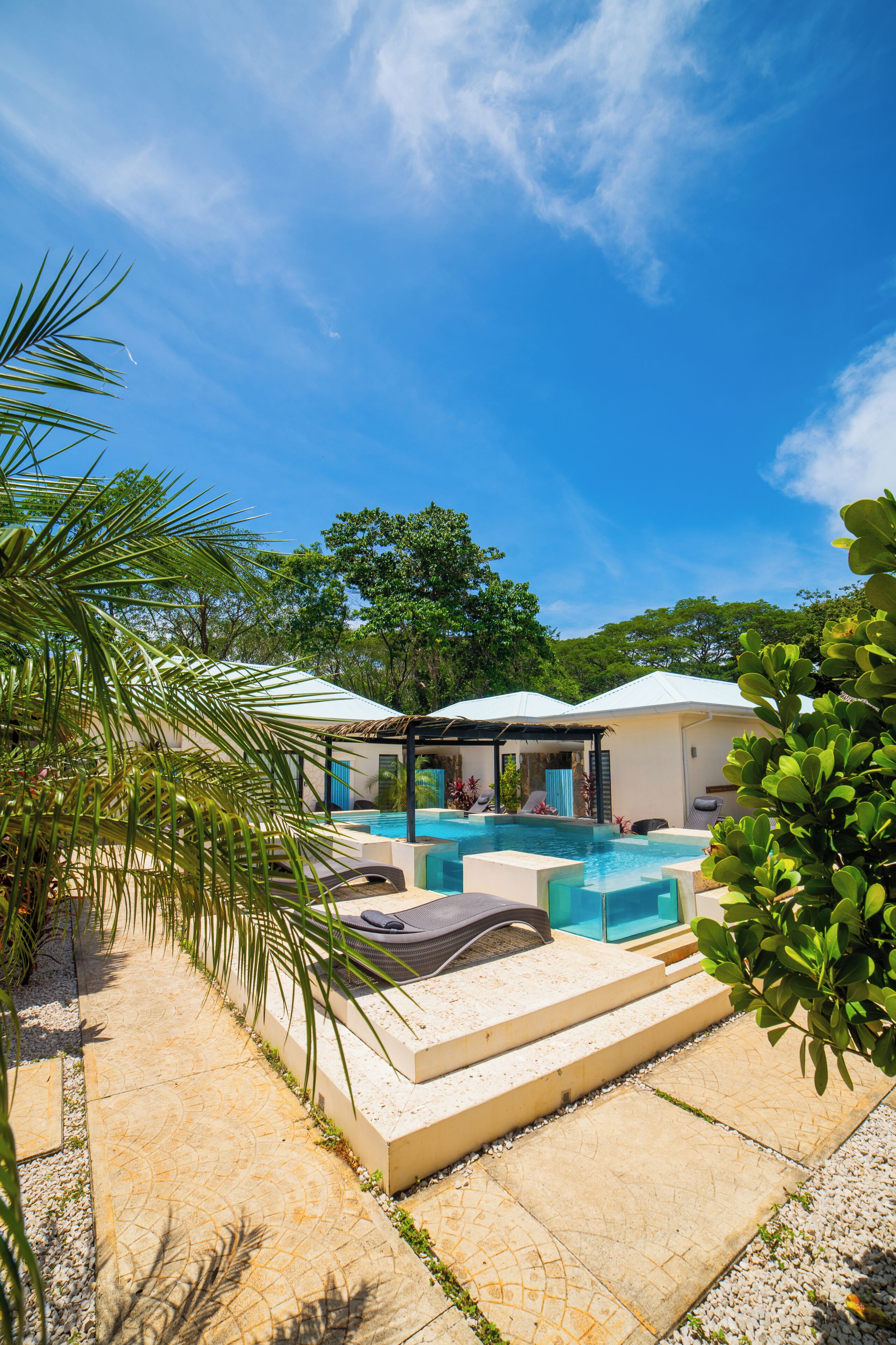 A pool area with lounge chairs and umbrellas, surrounded by greenery.