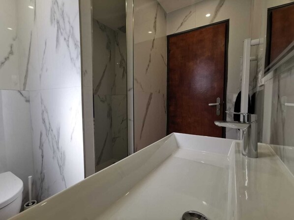 A modern bathroom with a large rectangular sink, a toilet, and a shower area. - Bas de Villa au Calme (Villeneuve-Loubet)