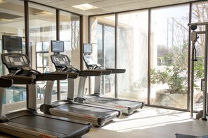 Ett gym med löpband, träningsutrustning och stora fönster som ger utsikt över omgivningarna.