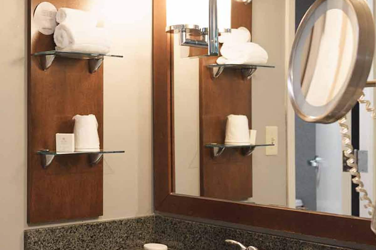 rainfall showerhead, free toiletries, hair dryer, towels