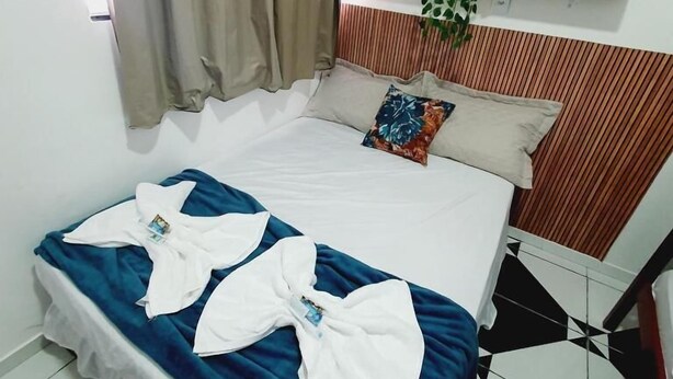 Habitación de hotel con cama, colcha azul, almohada y planta en la pared.
