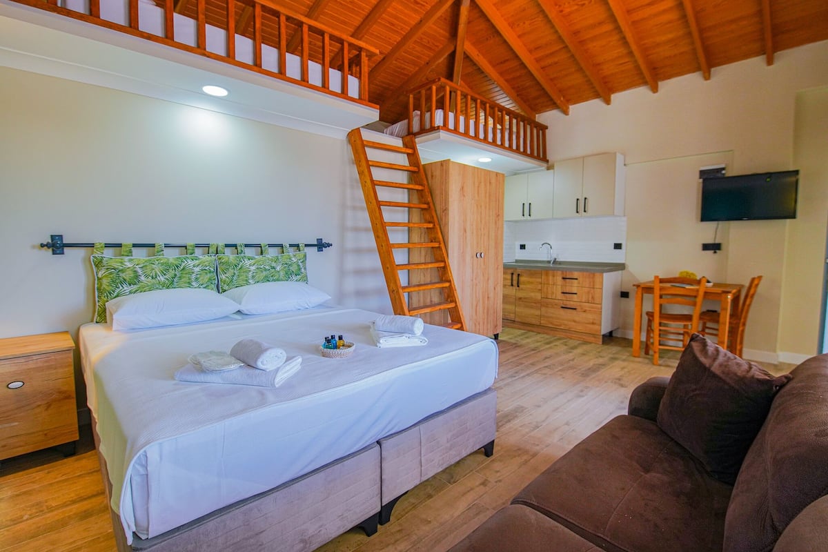 A bedroom with a bed, a wooden ladder, a kitchenette, a TV, and a brown sofa.