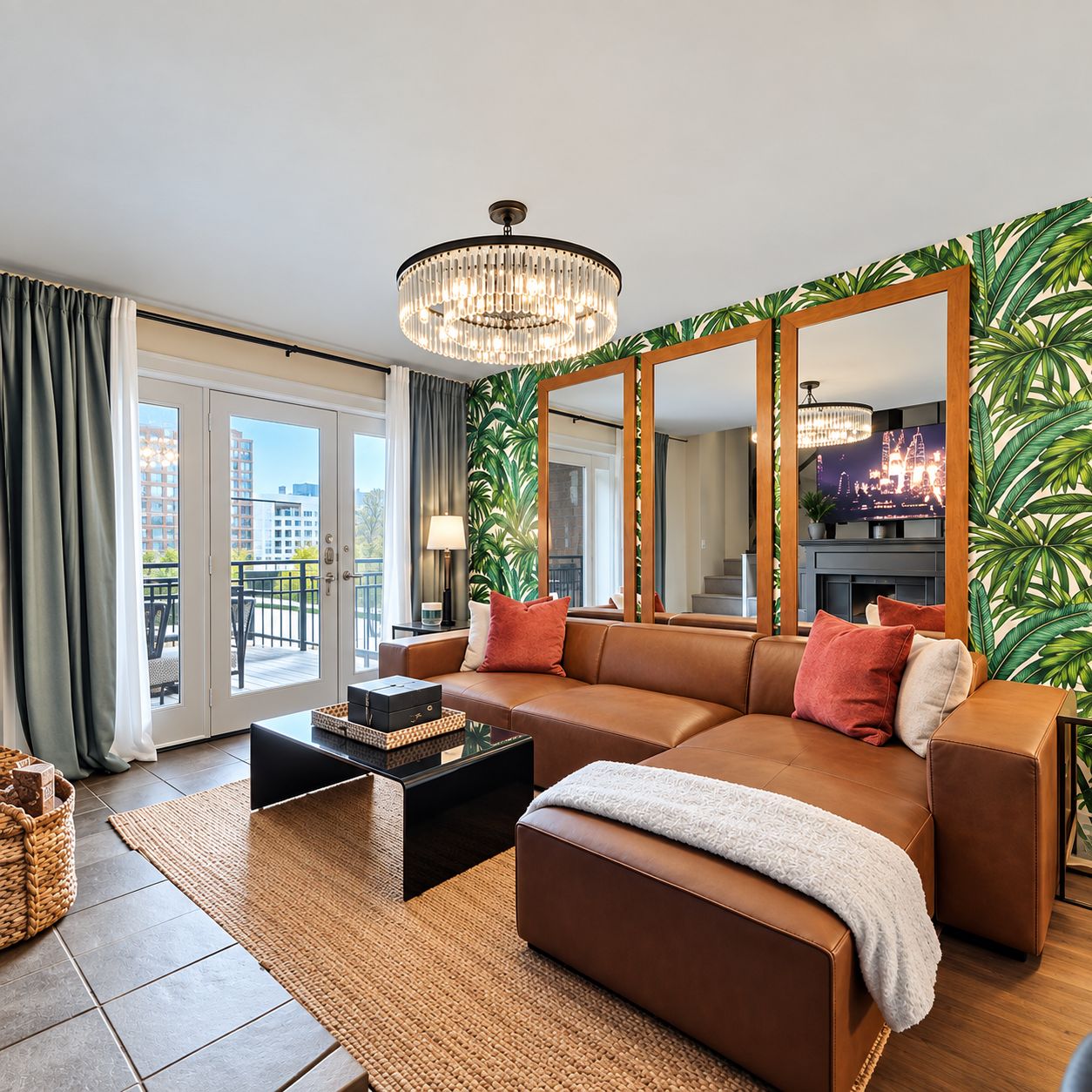 Ein modernes Wohnzimmer mit einem braunen Sofa, einem schwarzen Couchtisch, einem großen Spiegel und Blick auf die Stadt durch die Fenster.