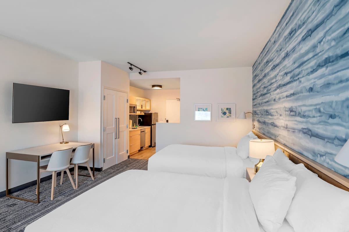 Desk, laptop workspace, blackout curtains, free WiFi