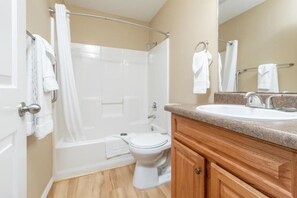 Hair dryer, bidet, towels, soap
