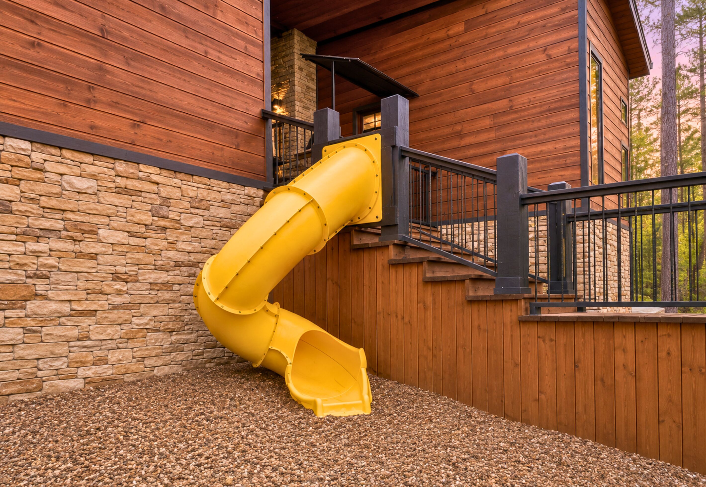 A yellow slide attached to a wooden building with a stone wall.
