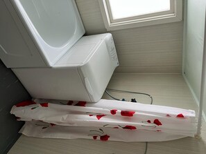 Hair dryer, towels, soap, shampoo