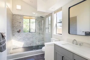 Hair dryer, towels, soap, shampoo