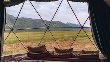 A tent with a view of a grassy field and mountains.