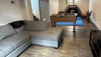Smart TV, table football, books, stereo