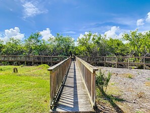 Walk along the winding boardwalk through lush greenery and explore the surrounding natural landscape.