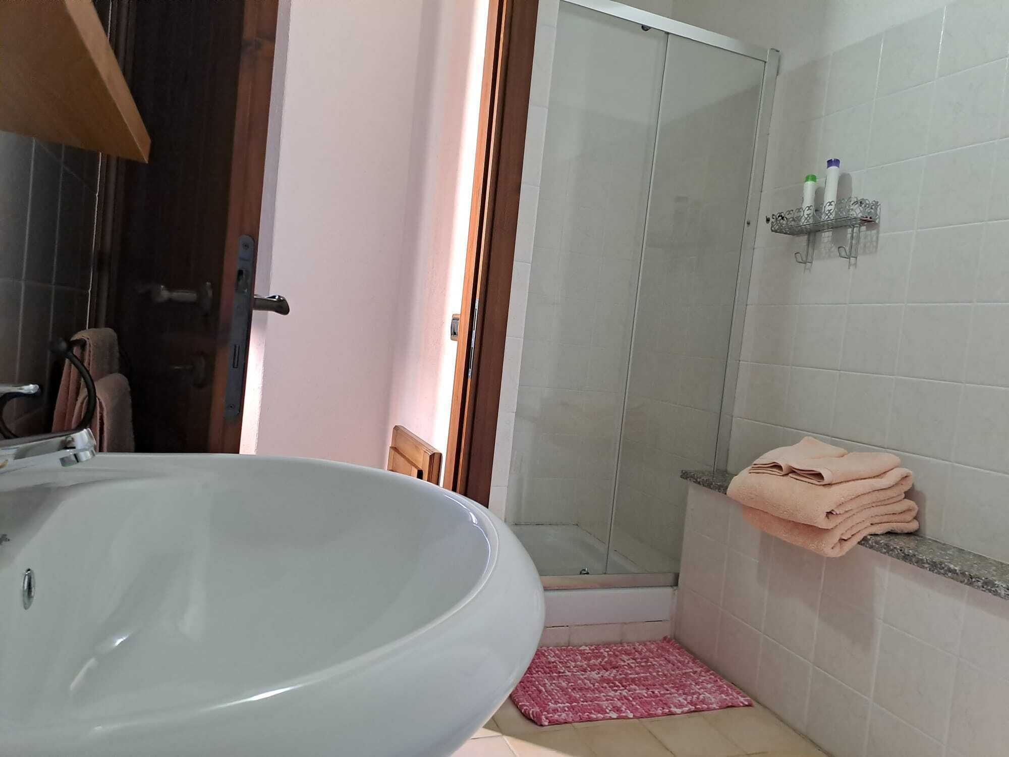 A bathroom with a large sink, a shower, and a towel rack.