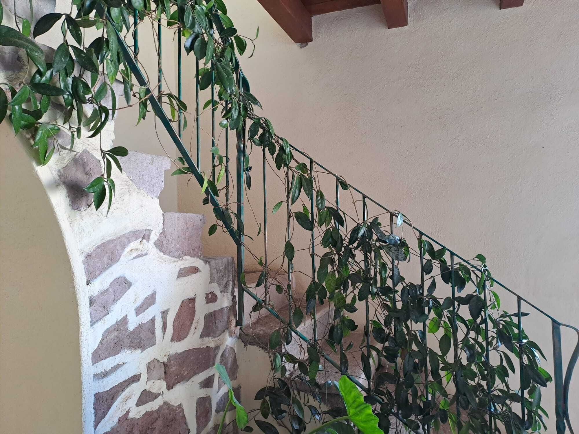 A staircase with a stone wall on one side and a metal railing.