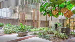 A modern indoor garden with a variety of plants, a large planter, and a bamboo fence.